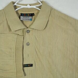 Vtg Coogi Australia Mens Tan 100% Wool 3D Textured Knit Polo Shirt Large - Read